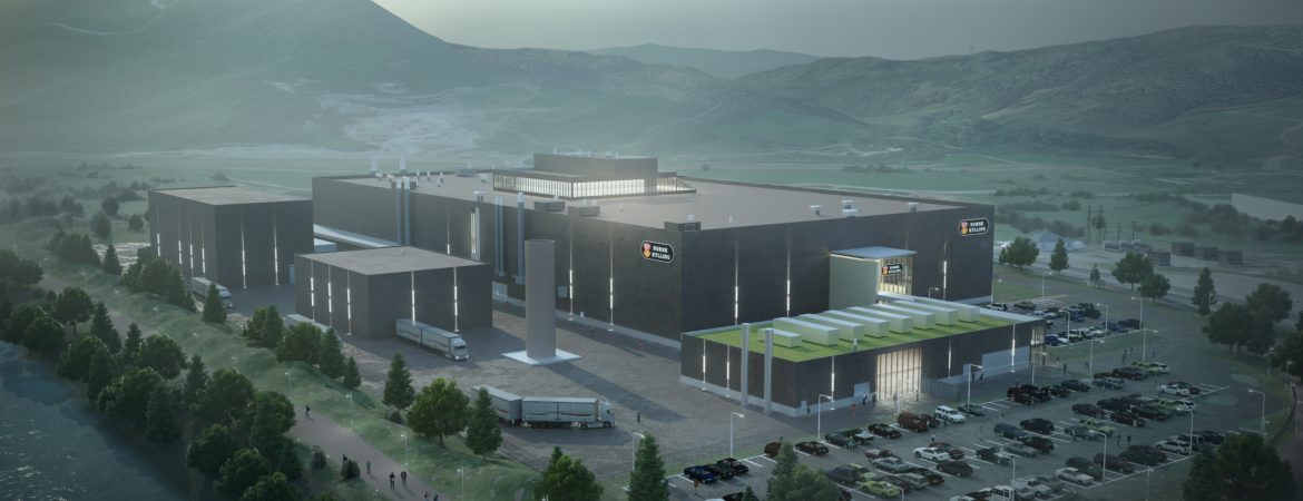 rendering of the outside of a high-tech food manufacturing facility