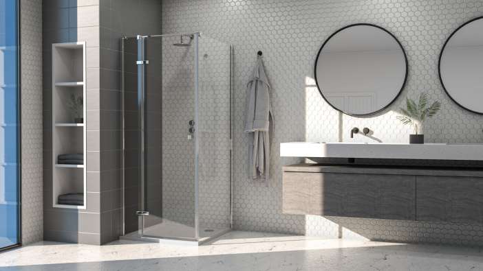 rendering of the inside of a modern bathroom with circle mirrors and white tiles