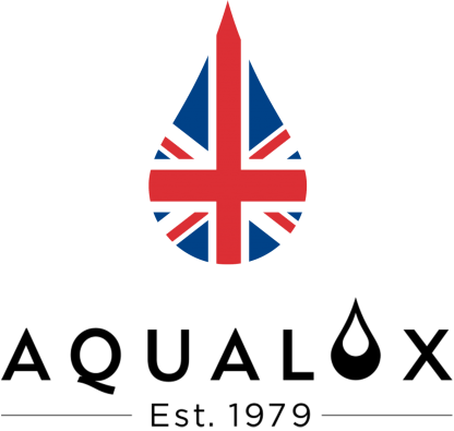 aqualux logo featuring black text and the english flag