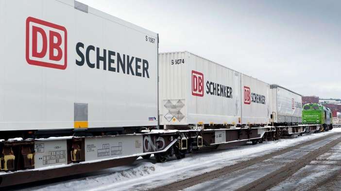 photo of db schenker containers on a train