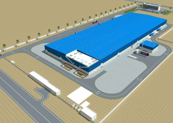 rendering of a large blue factory
