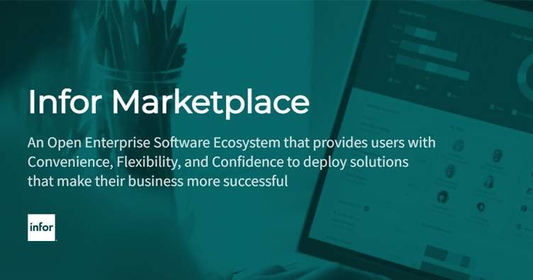 Infor marketplace graphic with text over a background of a computer screen
