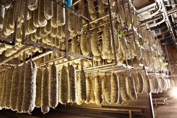 photo of cured meats hanging from racks at the levoni facility