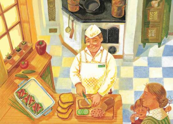 illustration Snellman butcher woman child sausages bread meal kitchen Finland