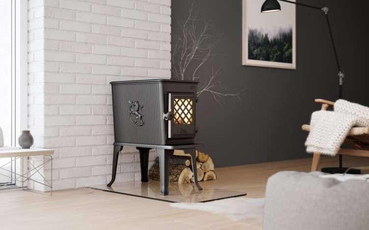 photo of a small jotul stove fireplace indoors
