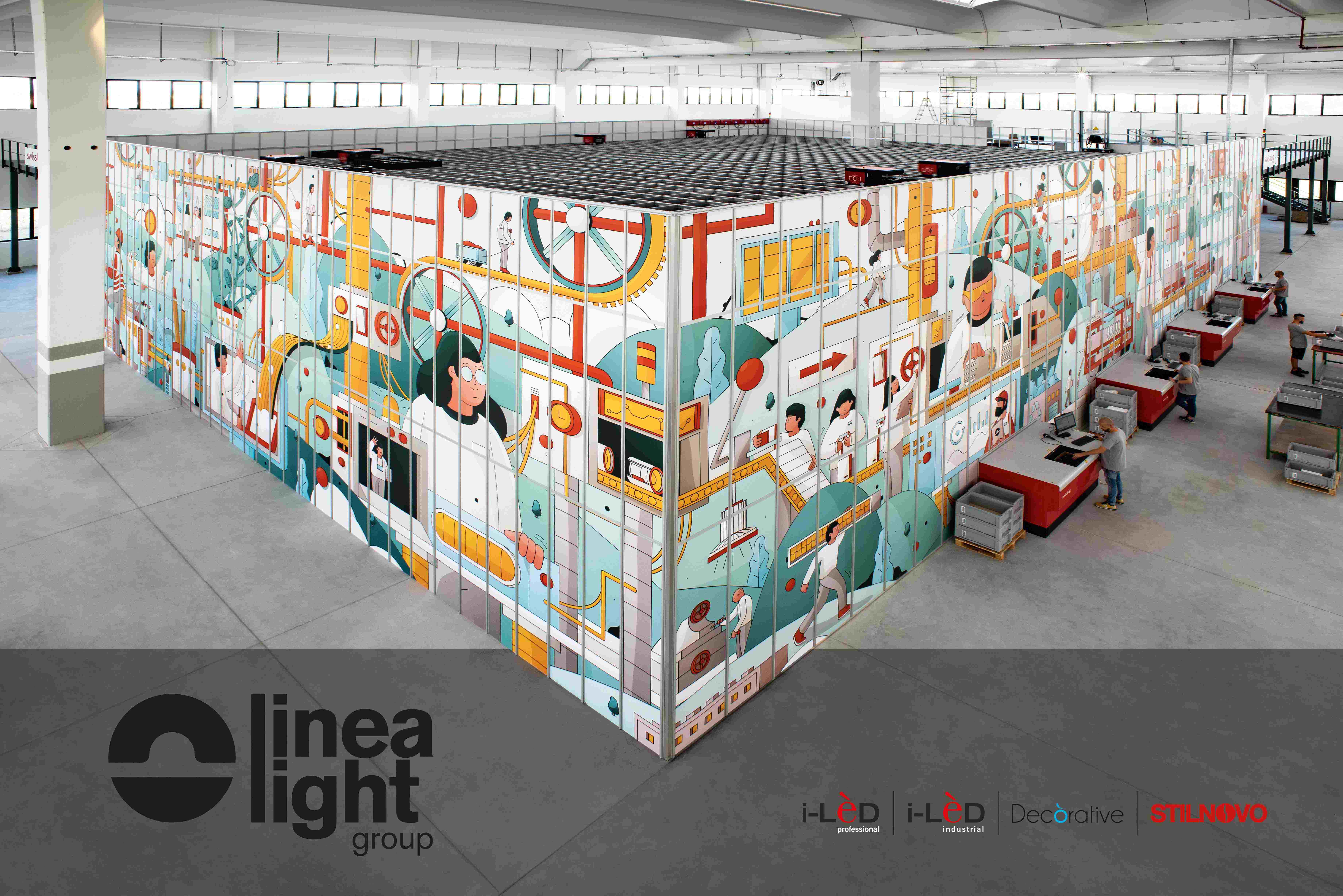 photo from inside of the light group linea building with people working