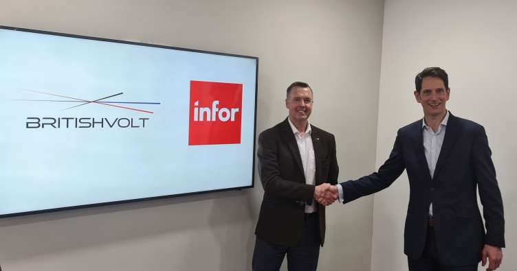 two businessmen shake hands and pose in front of infor and britishvolt logo