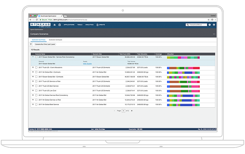 Screenshot of Infor Nexus and global freight spend management