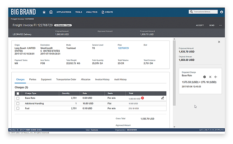 Screenshot of Infor Nexus’s convenient ocean booking portal.