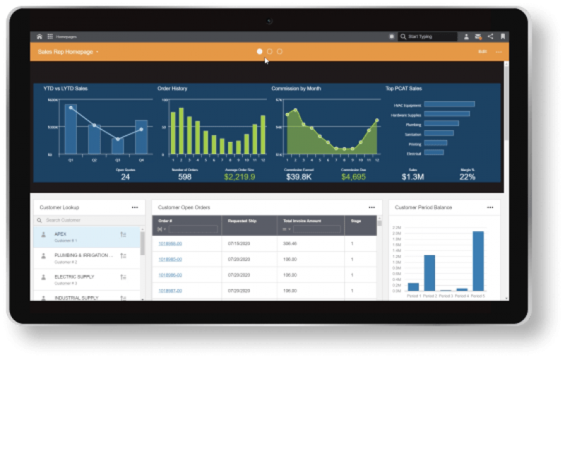 Distribution ERP software screenshots on mobile scanner and laptop show customized and pre-built industry specific ERP modules