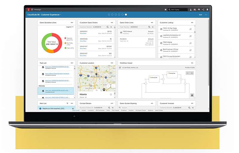 A screenshot of Infor ERP solutions displaying a dashboard and business analytics.